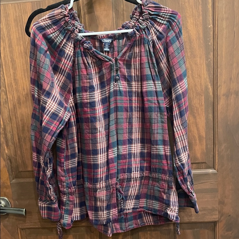 Chaps Multicolor Plaid Gathered Blouse